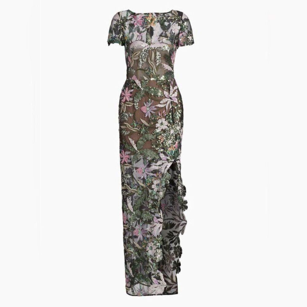 NWOT Bronx And Banco Zinna Side-Slit Floral Sequin Gown